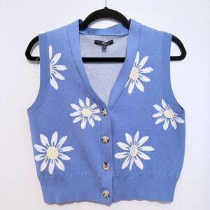 MyMichelle Daisy Pattern Blue Button-Up Sweater Vest Hippie Garden Retro Garden